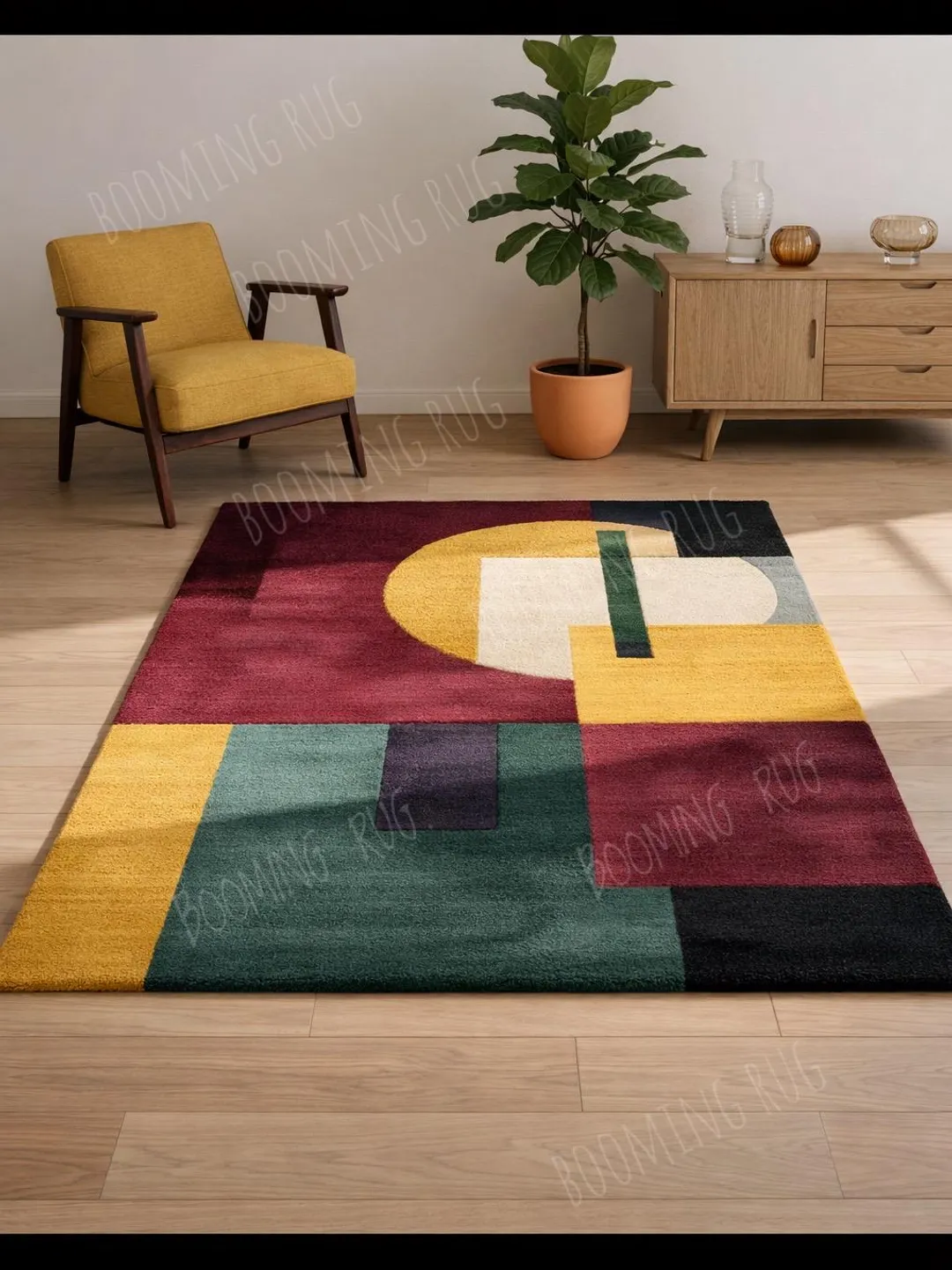 Mid Century Modern Geometric Area Rug, Retro Color Block Living Room Rug