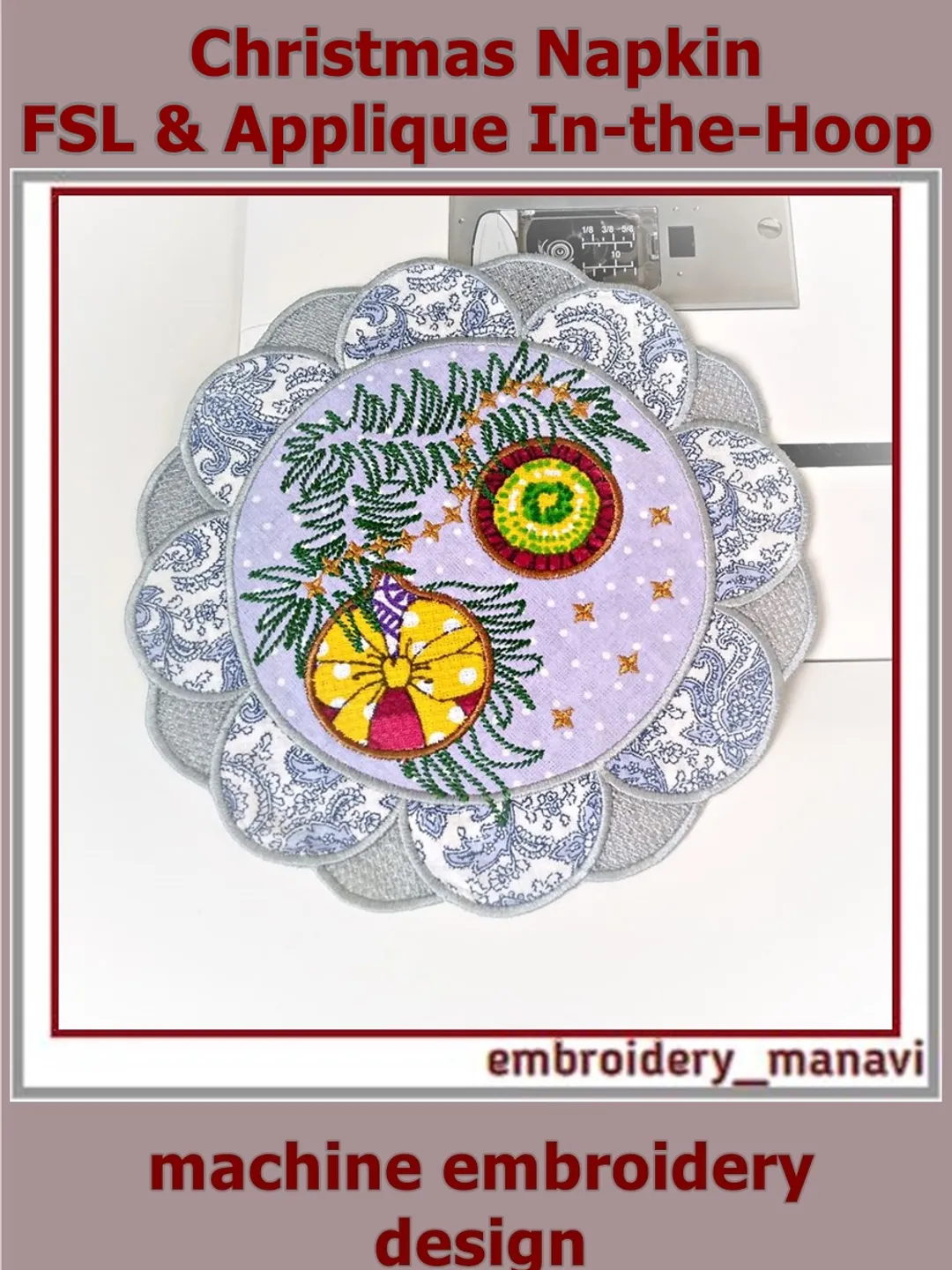 Christmas Napkin – FSL & Applique In-the-Hoop Embroidery Design (8x8 hoop)