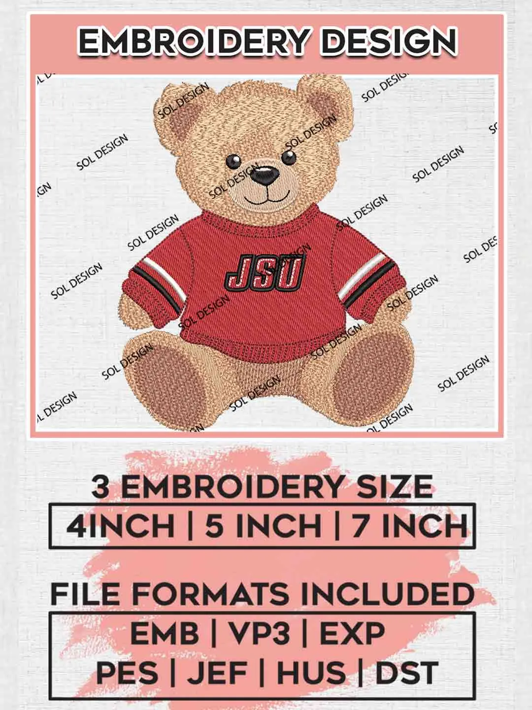 JSU Gamecock Teddy Bear Embroidery Design, Football Embroidery files, Sport Machine embroidery files, 3 sizes, Instant Download
