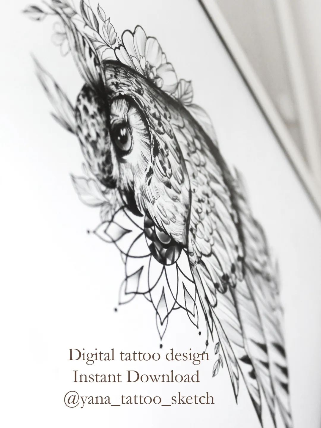 Owl Tattoo Designs For Females Owl And Flower Tattoo Sketch Fine Line Idea.  Instant download JPG, PNG, image size:1080x1440