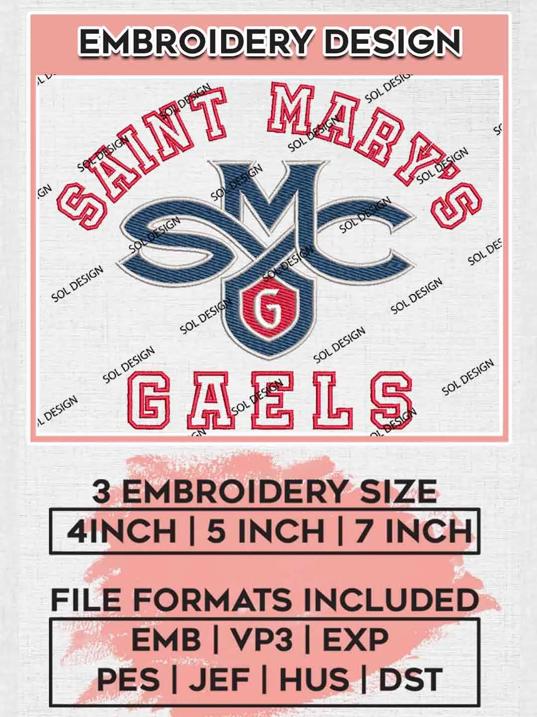Saint Marys Gael Embroidery Design, Football Embroidery files, Sport Machine embroidery files, 3 sizes, Instant Download