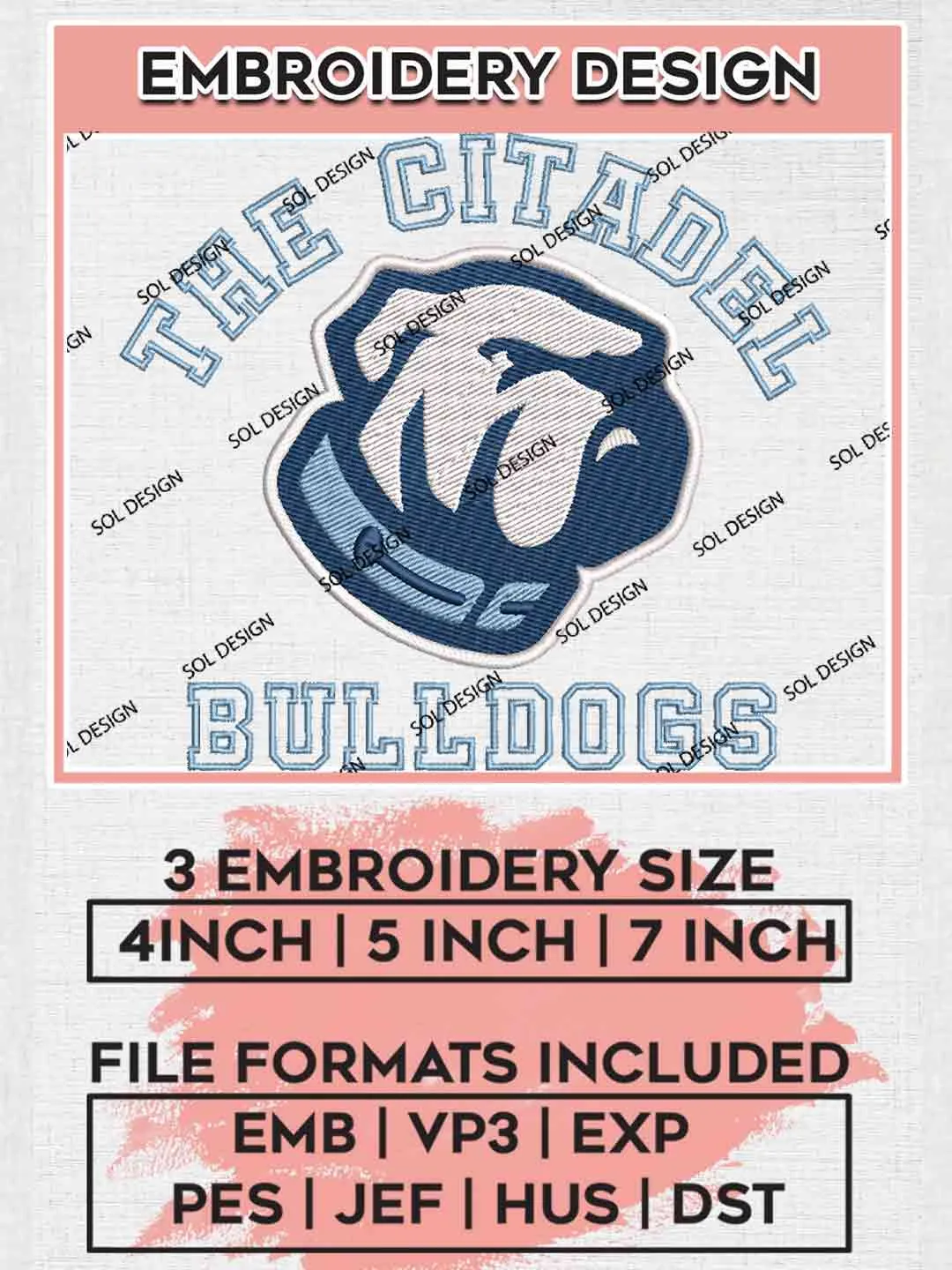 The Citadel Bulldog Embroidery Design, Football Embroidery files, Sport Machine embroidery files, 3 sizes, Instant Download