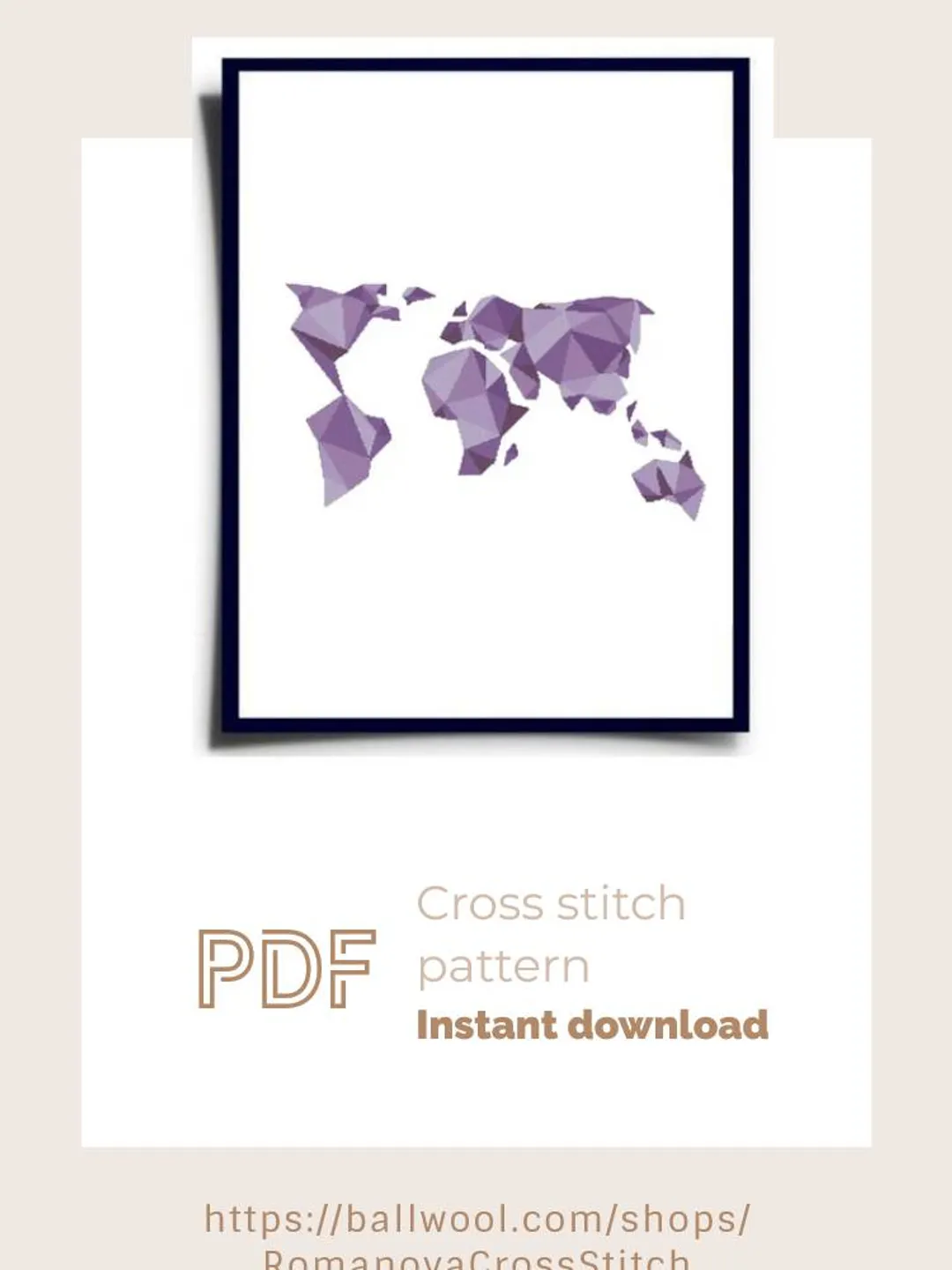 Geometric World map cross stitch PDF pattern, Purple embroidery, Instant download