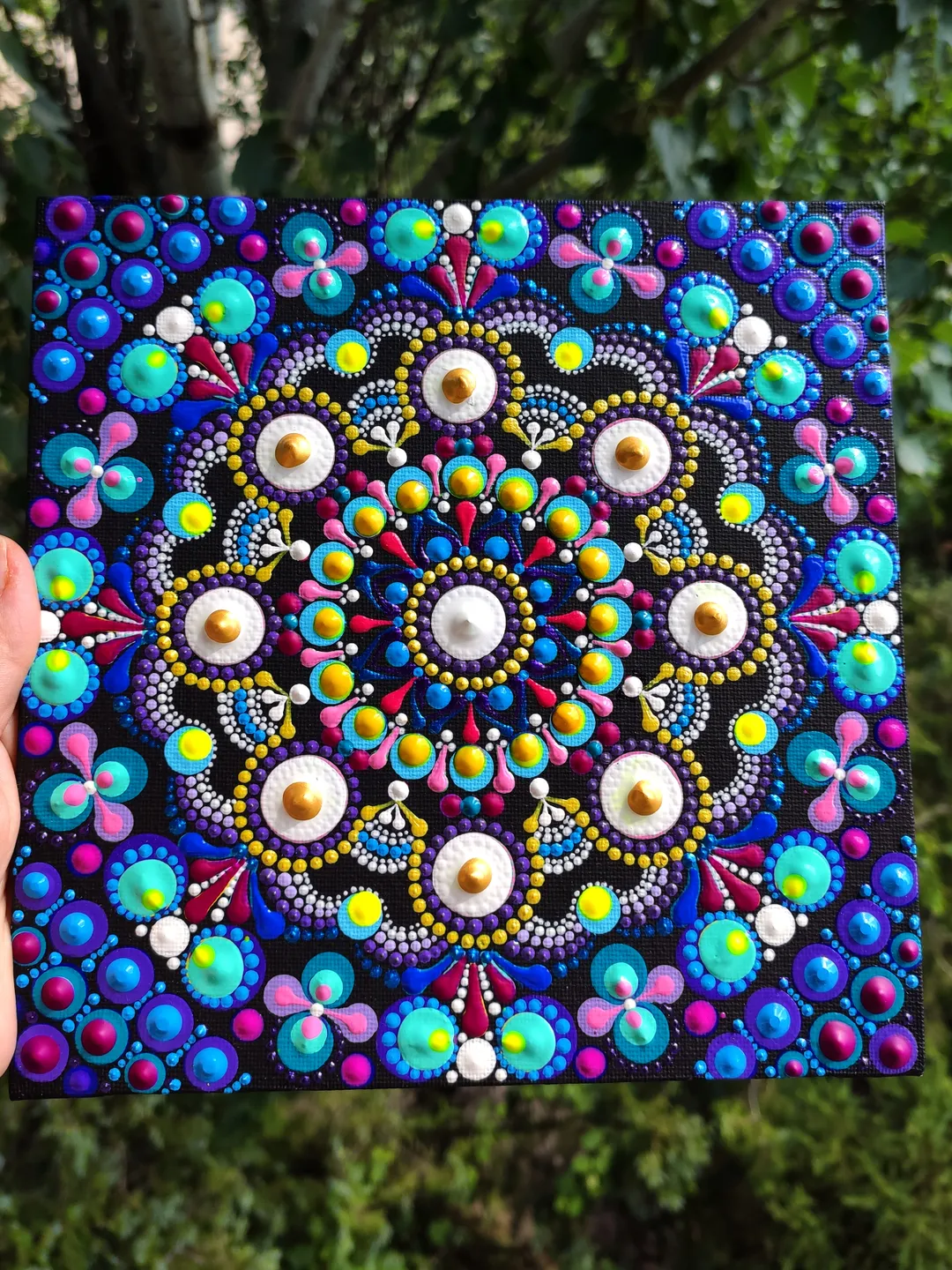 Mandala Dot Art Painting Acrylic Original Artwork Dotted Canvas 20 by 20 cm / 8 by 8 ''