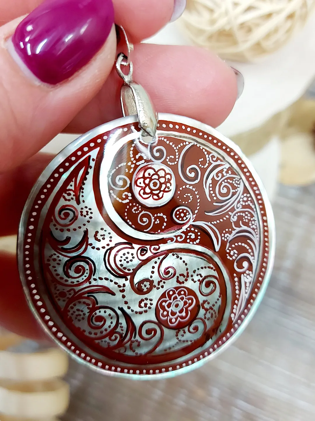 Pearl pendant necklace: Brown Paisley Yin Yang nacklace hand painted on ...