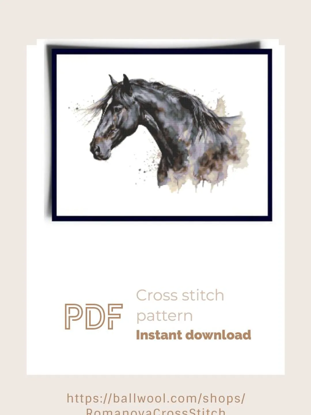 Black horse watercolor cross stitch PDF pattern, Animal embroidery design, Instant download
