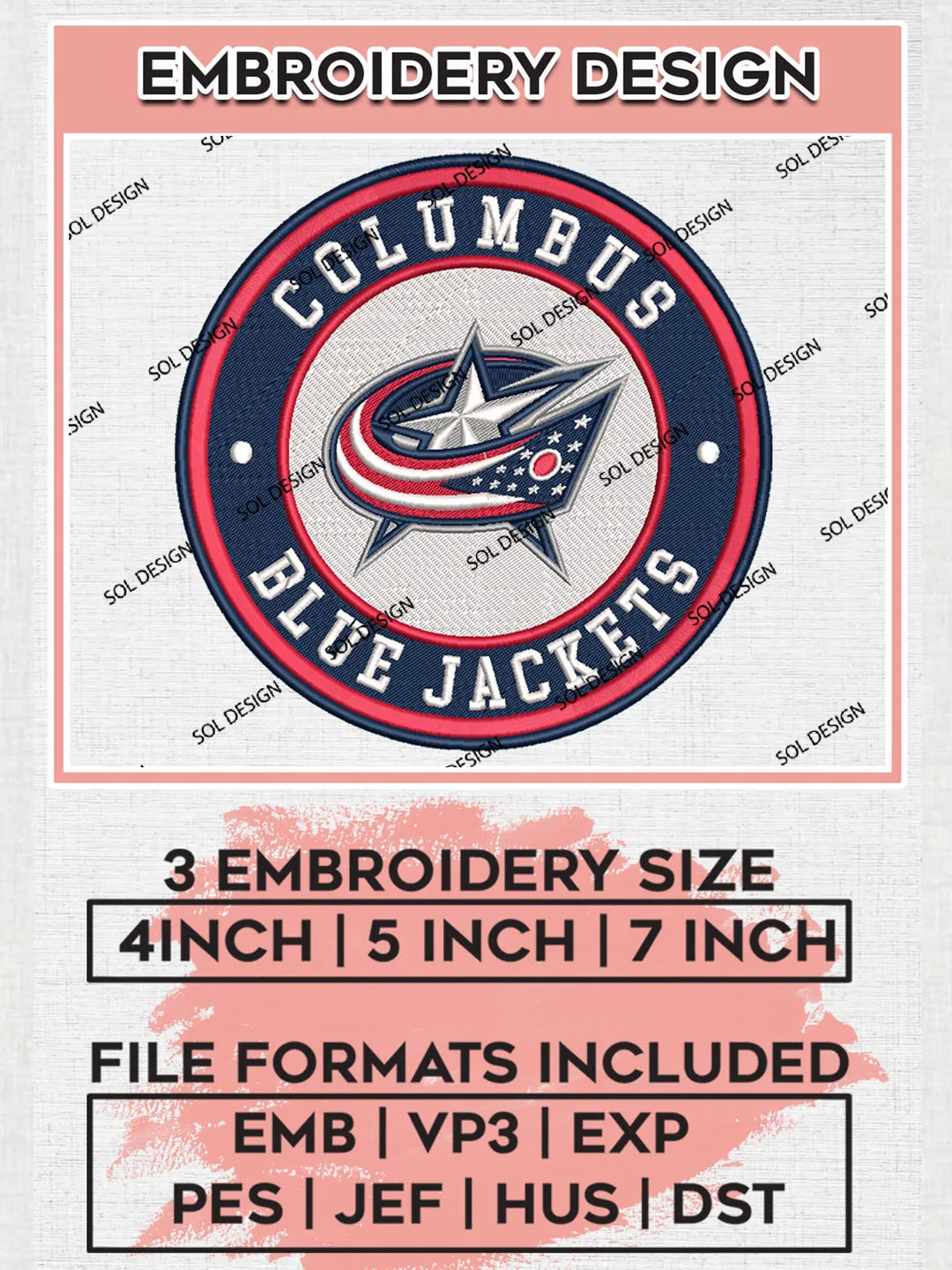 Columbus Blue Jackets Circle Logo Machine Embroidery Files, NHL Columbus Blue Jackets Embroidery Designs, NHL Blue Jackets Logo, NHL Embroidery Designs, Digital Download
