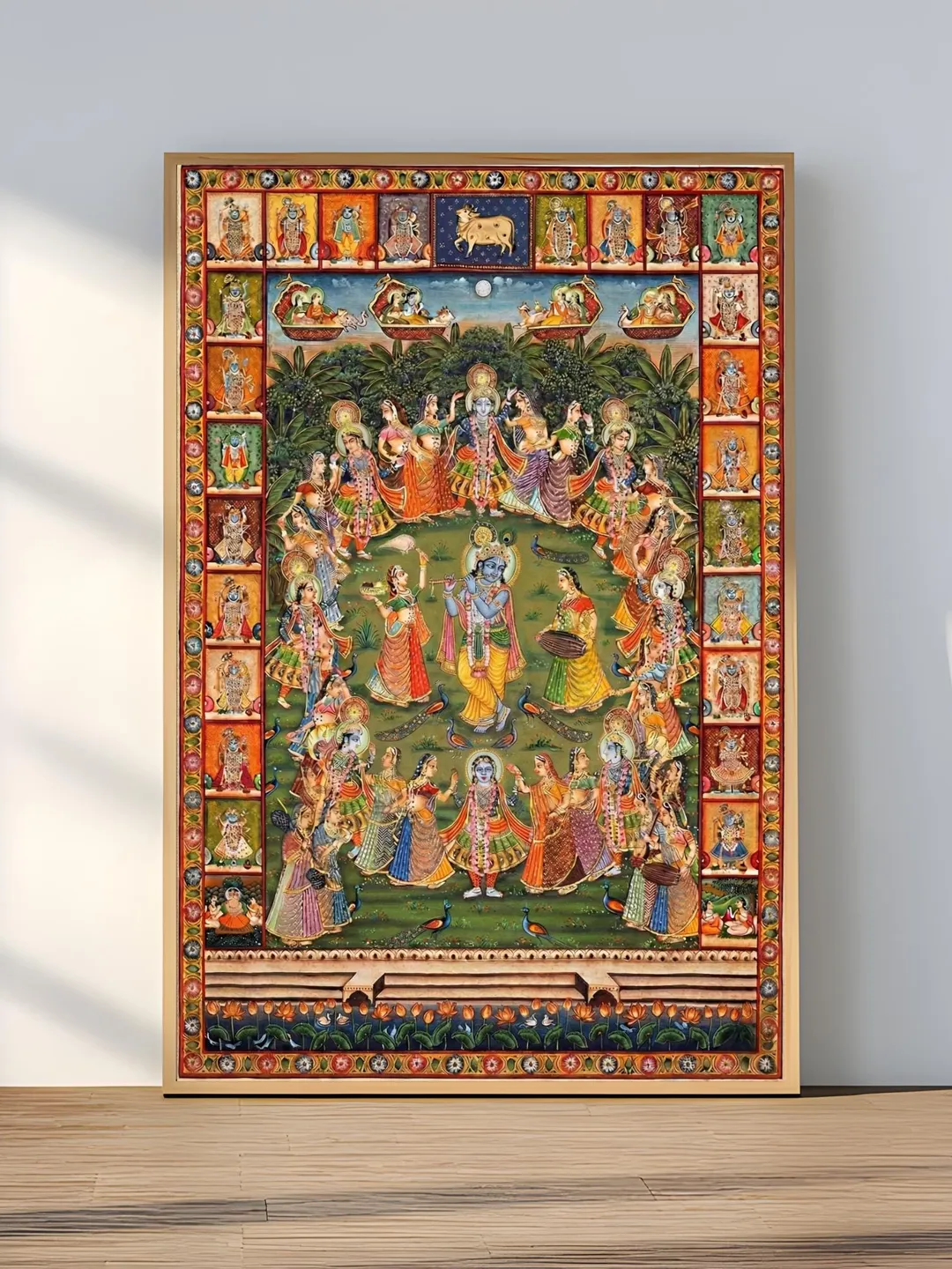 Pichwai Lord Krishna with Flute print, Radha Krishna, Hindu God, Indian Folk Art