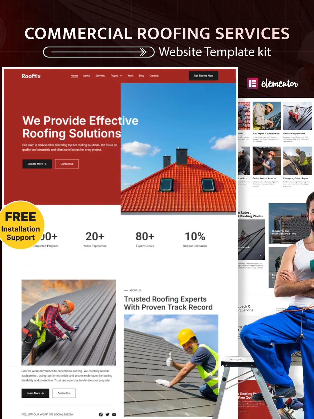 Roofing and Renovation WordPress Elementor Template Kit Remodeling