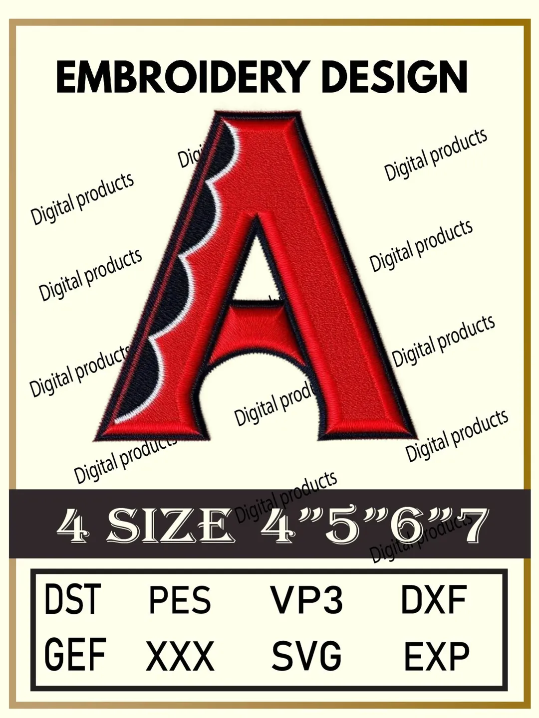 Letter A Embroidery Design Digital Pattern with Red Detailing and Black‑White Scalloped Outline for Machine Embroidery Projects in Four Sizes with Multiple Compatible Formats Including DST, PES, VP3, DXF, GEF, XXX, SVG, EXP
