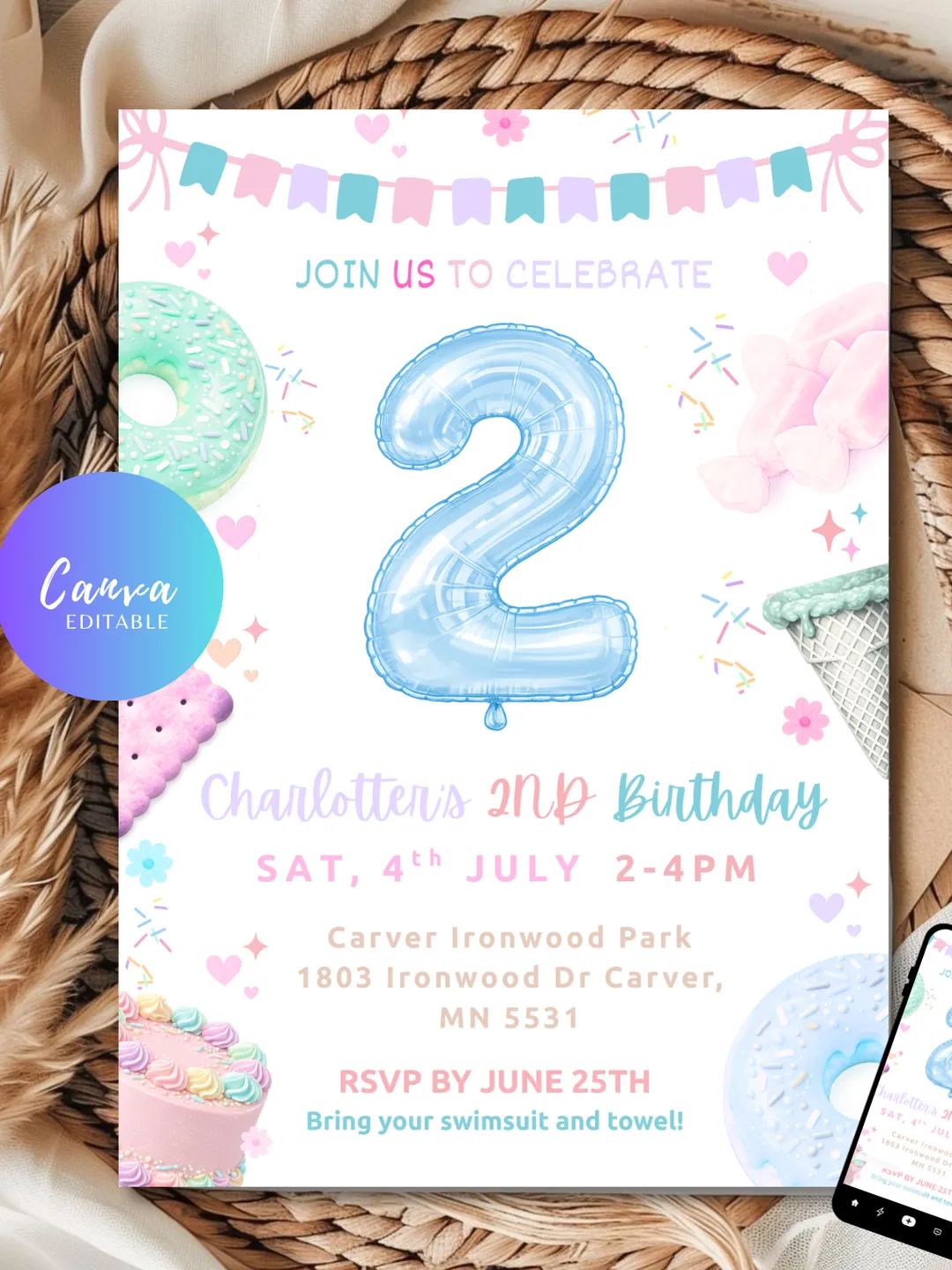2nd Birthday Invitation Girl Pastel Balloon | Canva template