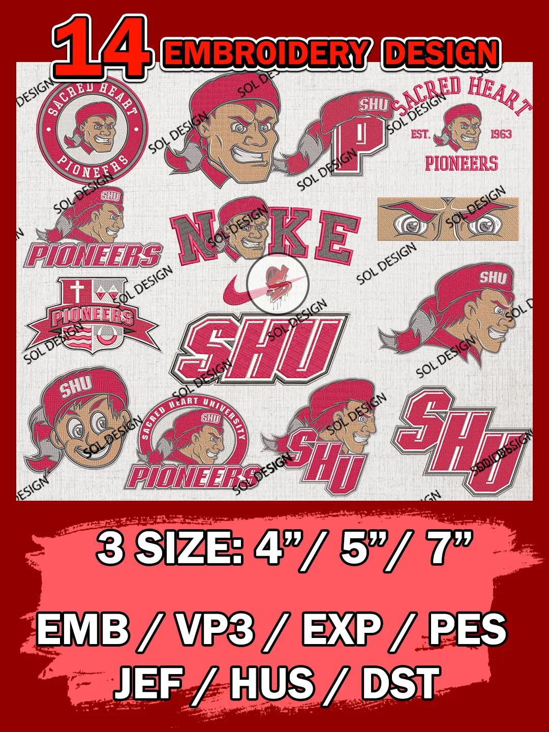 14 NCAA Sacred Heart Pioneers Bundle Embroidery Files, NCAA Sacred Heart Pioneers Team Bundle Embroidery Designs, NCAA Teams, National College Football Team 3 sizes, NCAA Sacred Heart Machine Embroidery, Digital Download
