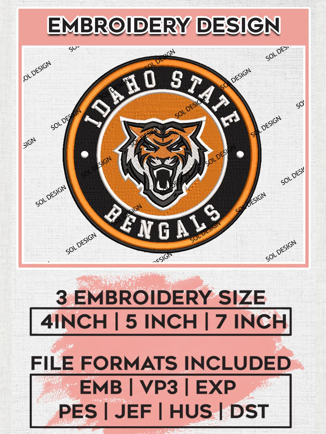 NCAA Idaho State Bengals Round Logo Embroidery, NCAA Idaho State Bengals Logo Embroidery files, NCAA Teams, Machine embroidery designs, Digital Download