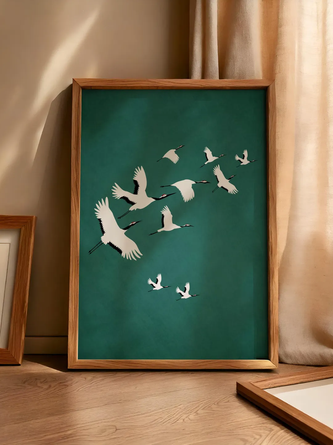 Emerald Cranes Wall Art Digital Print Japanese Style Gold Accent Bird Poster Maximalist Green Decor Eclectic living Room Artwork Gift poster