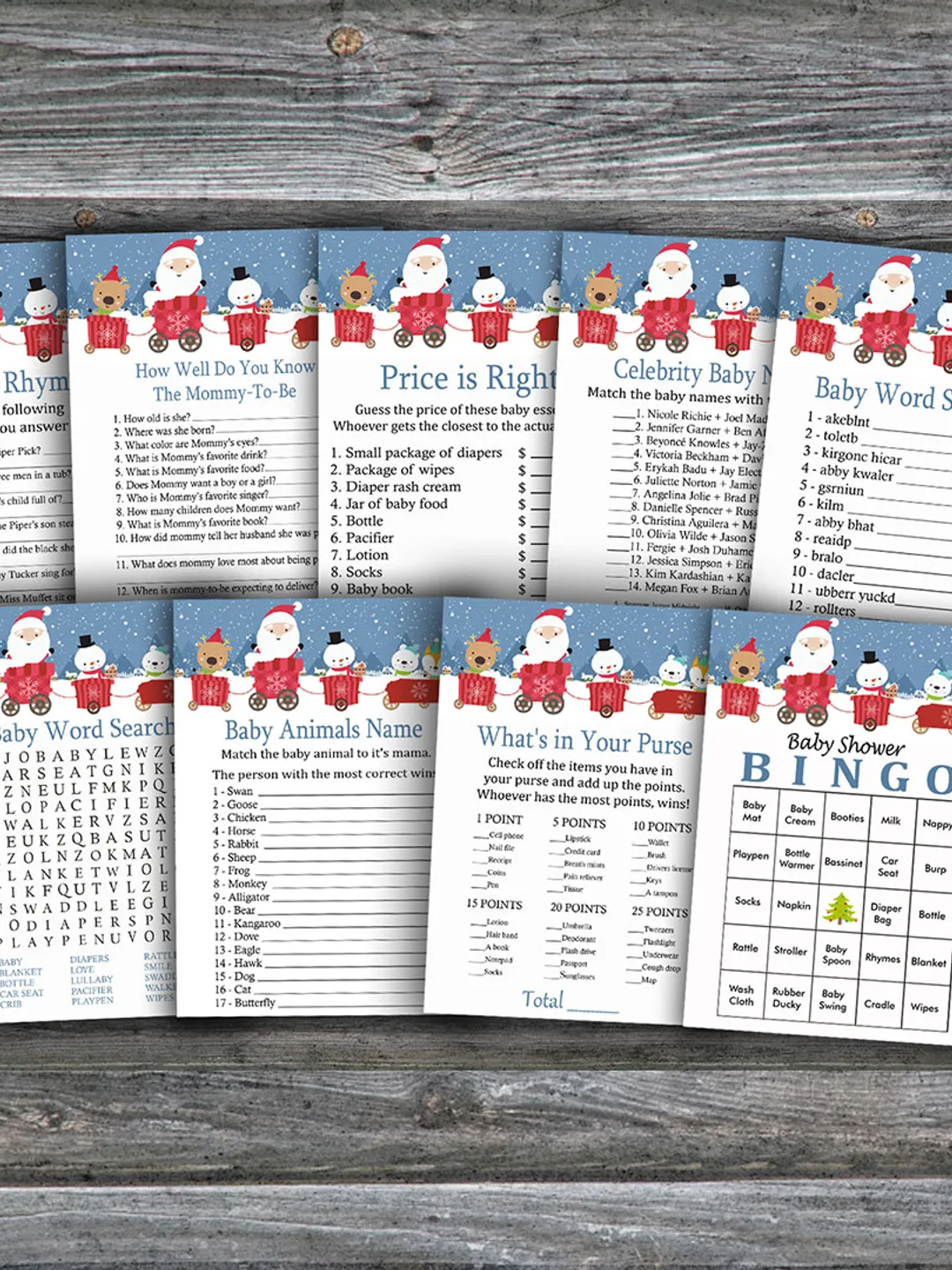 Santa claus baby shower games bundle,Christmas train Baby Shower games package,Fun Baby Shower Games,9 Printable Games
