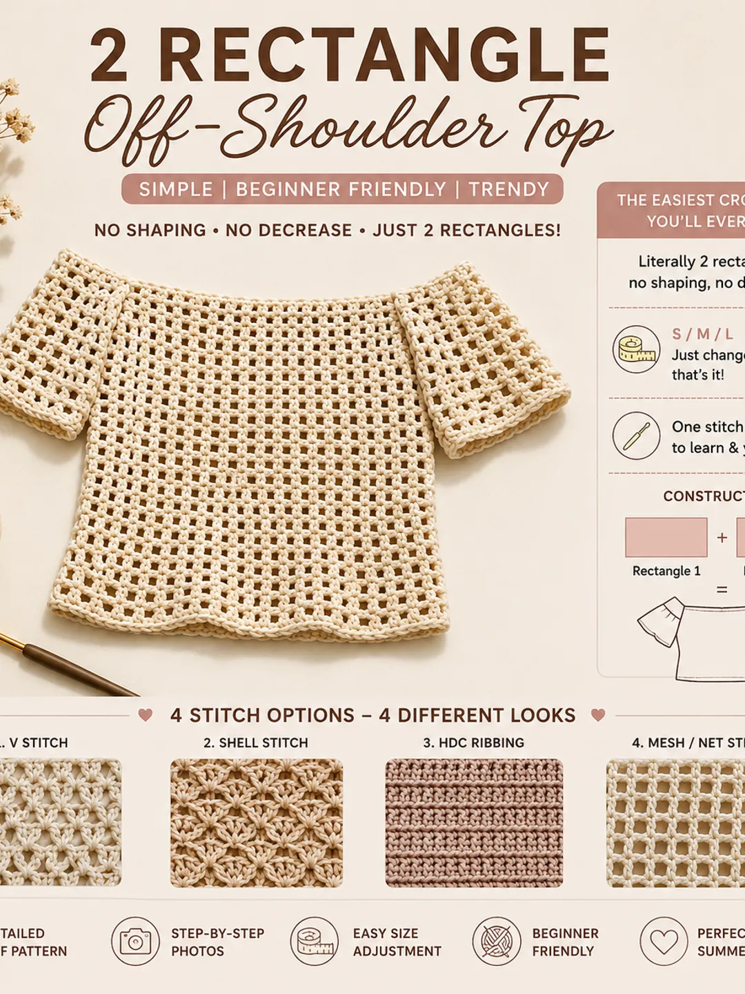 “2 Rectangle Off-Shoulder Crochet Top Pattern”
