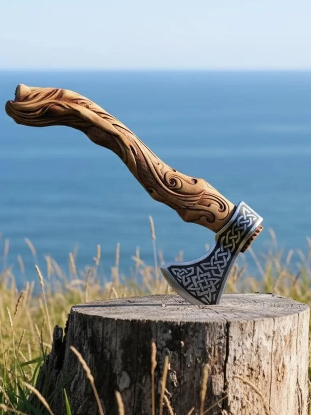 Handcrafted Viking Axe, Carved Nut Wood Handle, Leather Sheath