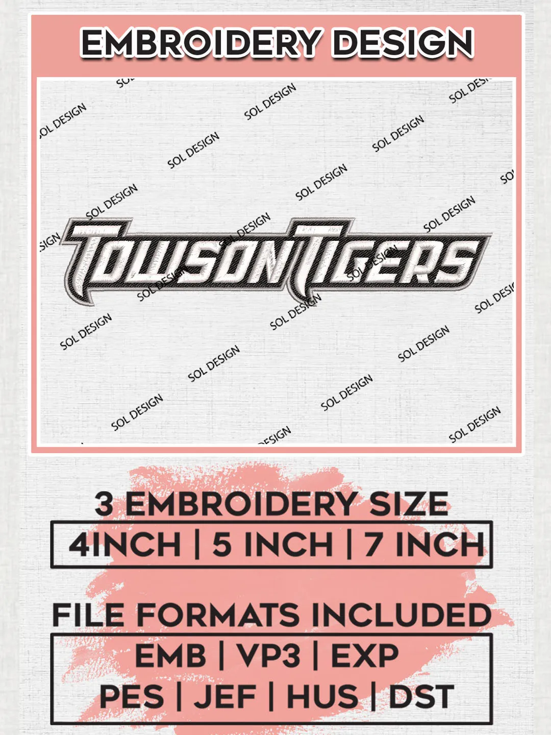 NCAA Towson Tigers Football Team Word Logo Embroidery Design Files, NCAA Towson Tigers Machine Embroidery, NCAA Teams, Game Day, 3 sizes, NCAA Machine embroidery designs, Digital Download