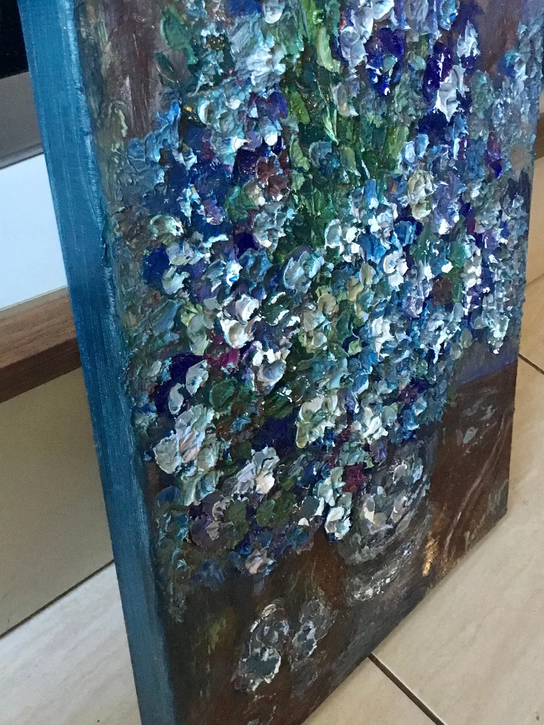 Blue flowers in a vase original oil impasto style heavy textured ...