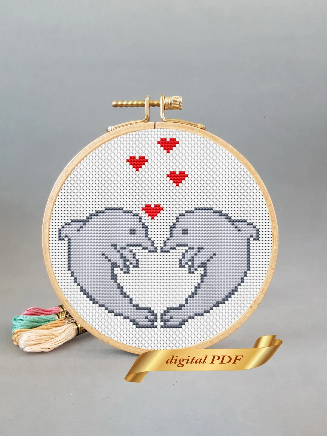 Two dolphins in love pattern pdf cross stitch, Easy embroidery DIY, small pattern for Valentine's Day