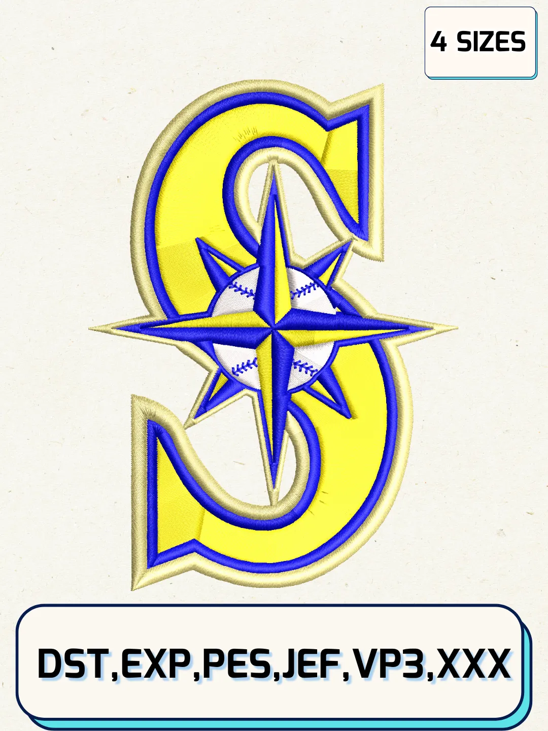 Seattle Mariners Cap Logos Embroidery Design Files, MLB Logos Embroidery Designs, Machine Embroidery Files, 4 Sizes