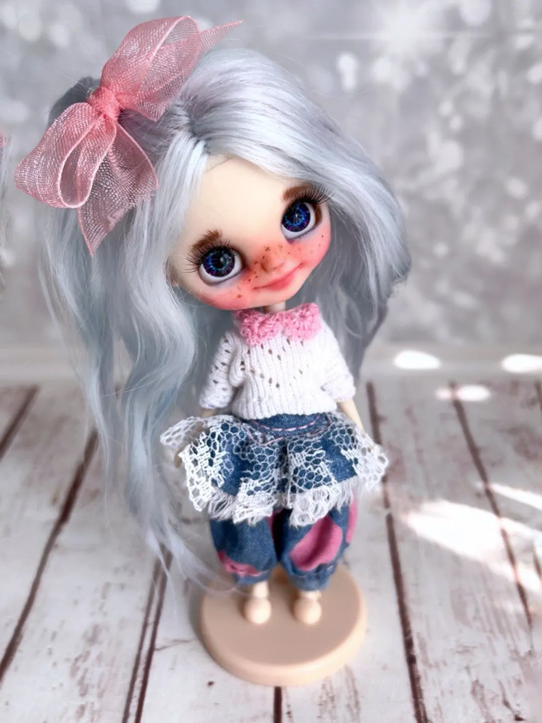 Small Blythe doll with blue eyes. Beautiful miniature Blythe doll  display picture 1