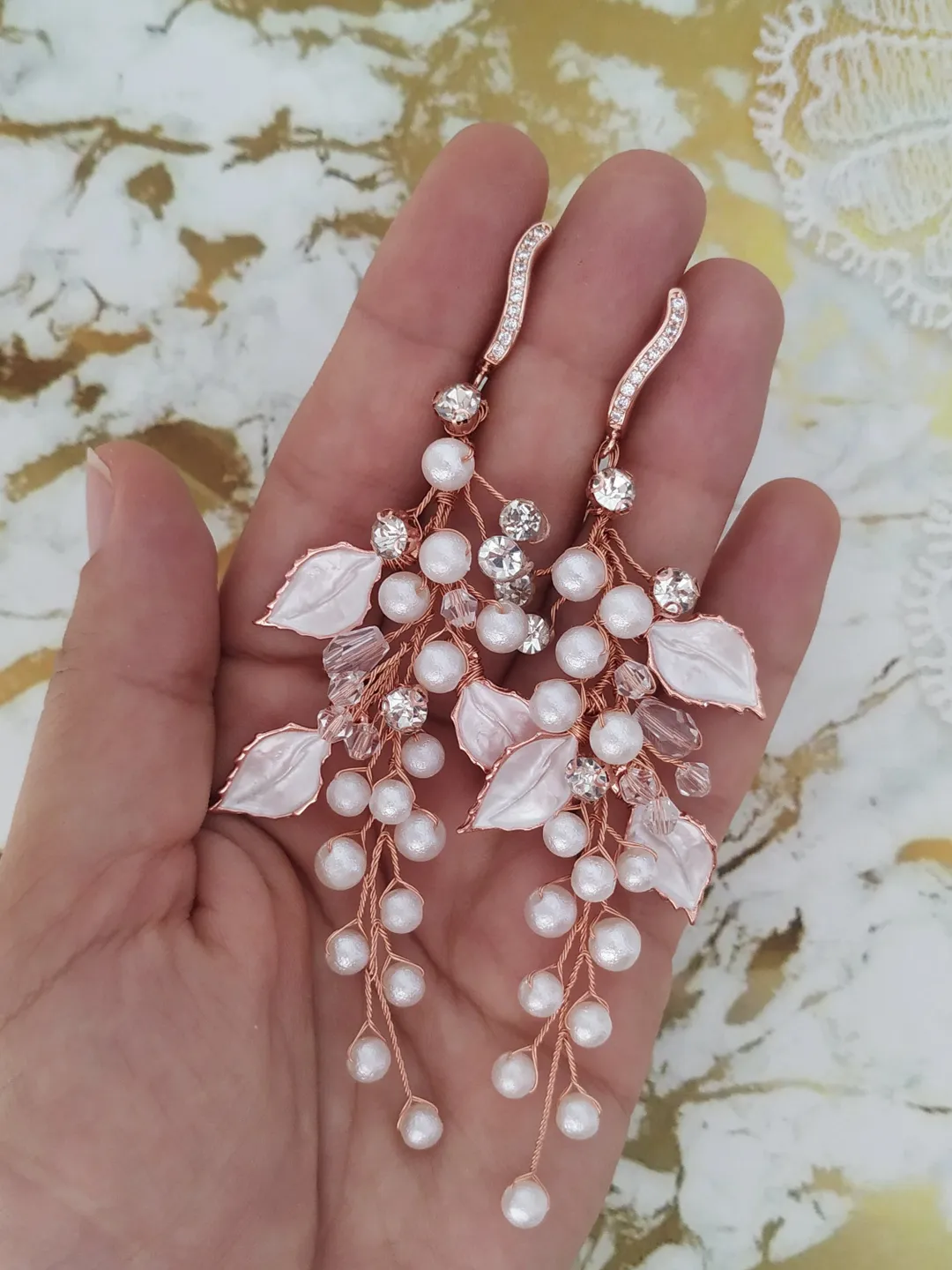 Rose Gold Long Pearl Wedding Earrings, Leaf Boho Wedding Earrings, Boho Bridal Earrings, Statement Chandelier Earrings, Floral Earrings,