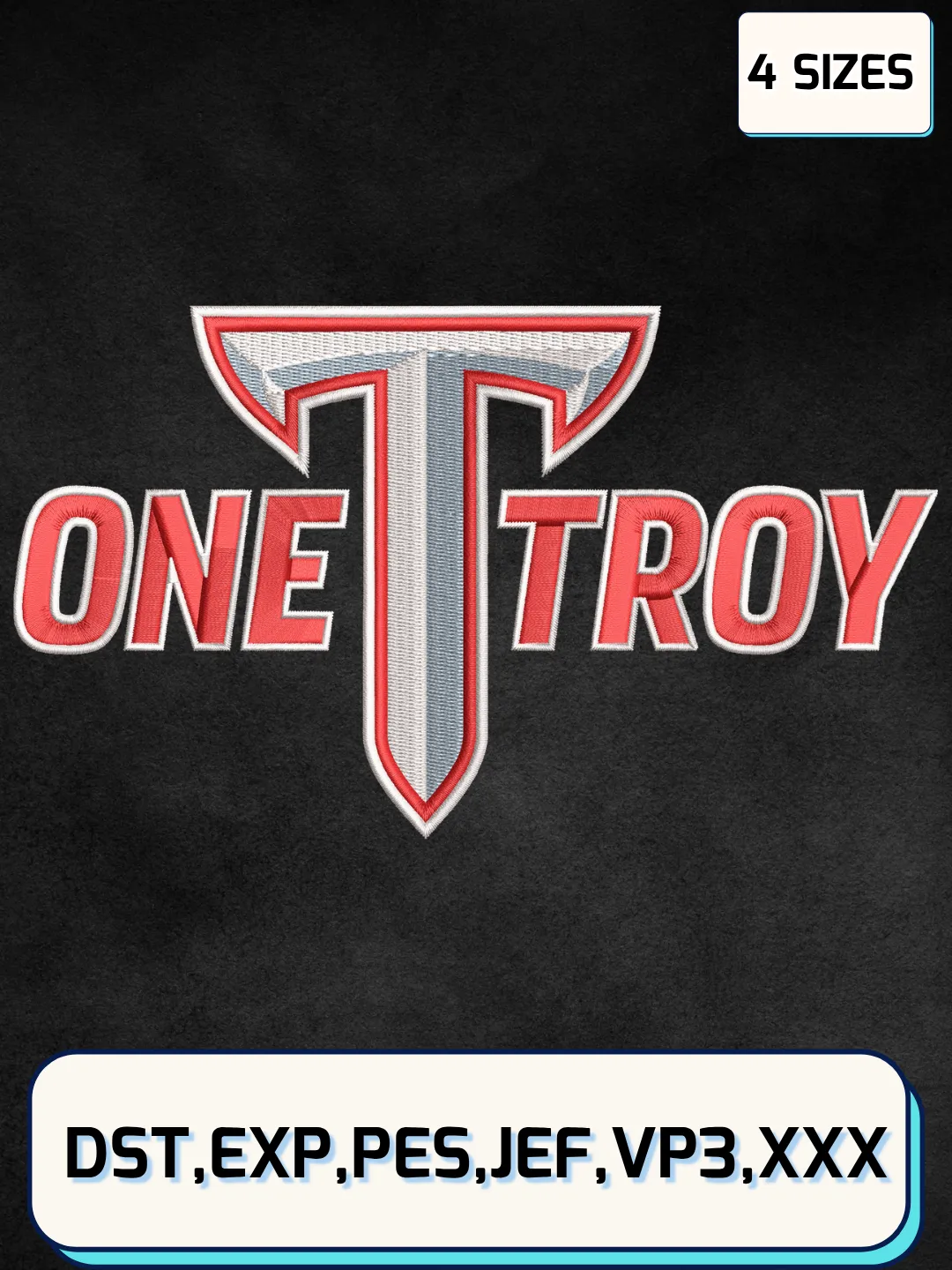 Troy Trojans Primary Logo Embroidery Design File,NCAA Logo Embroidery Design, Machine Embroidery Files, 4 Sizes