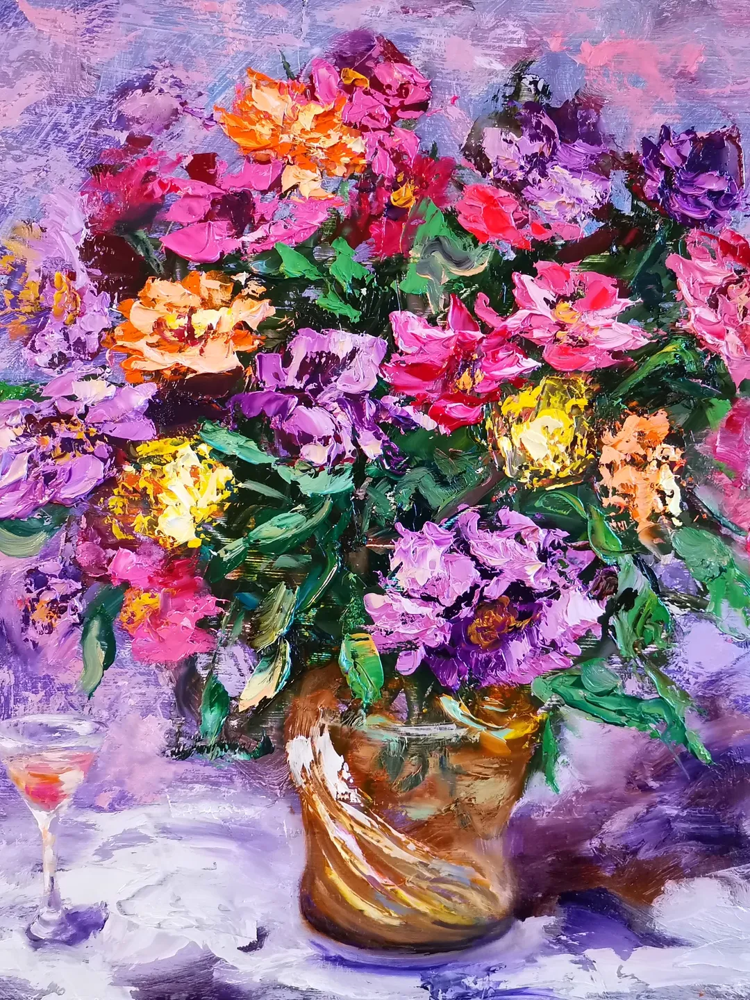 Bright Flowers Wine Oil Painting Original Impasto Artist Svinar Oksana
