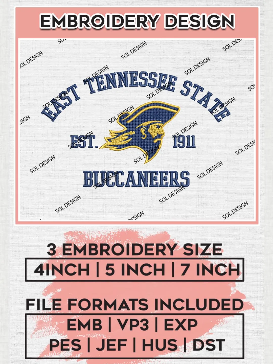 East Tennessee State Buccaneers Est 1911 Embroidery Designs, NCAA East Tennessee State Buccaneers Team Embroidery, NCAA Team Logo, 3 sizes, Machine embroidery Files, Digital Download