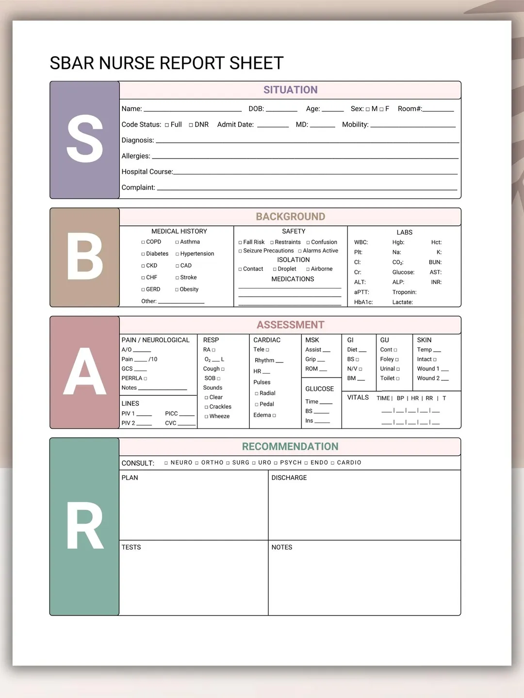 SBAR Nurse Report Sheet Printable, Nursing SBAR Template, Shift Handoff ...