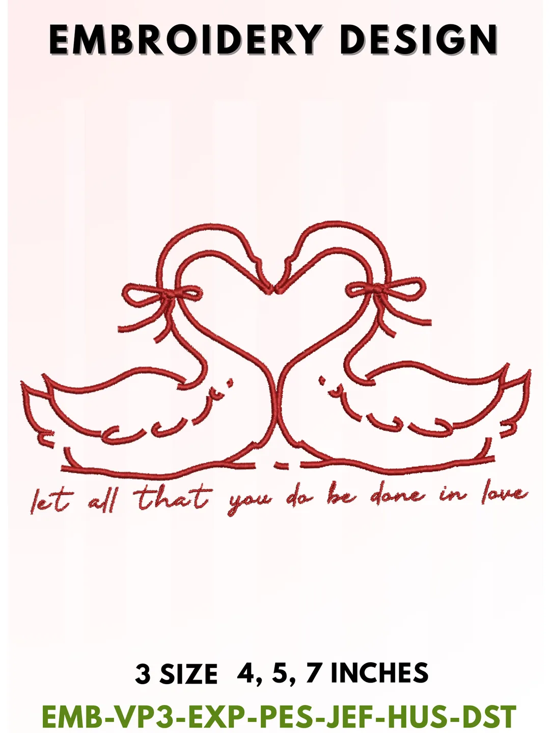 Let All That You Do Be Done In Love Embroidery, Swan Heart Couple Typography, Aesthetic Red Ribbon Bow Design, Minimalist Scripture Line Art, 3 Sizes