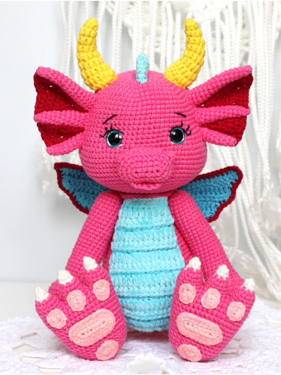 Crochet pattern pink dragon PDF in English Stuffed Dragon DIY Dinosaur amigurumi toy crochet tutorial