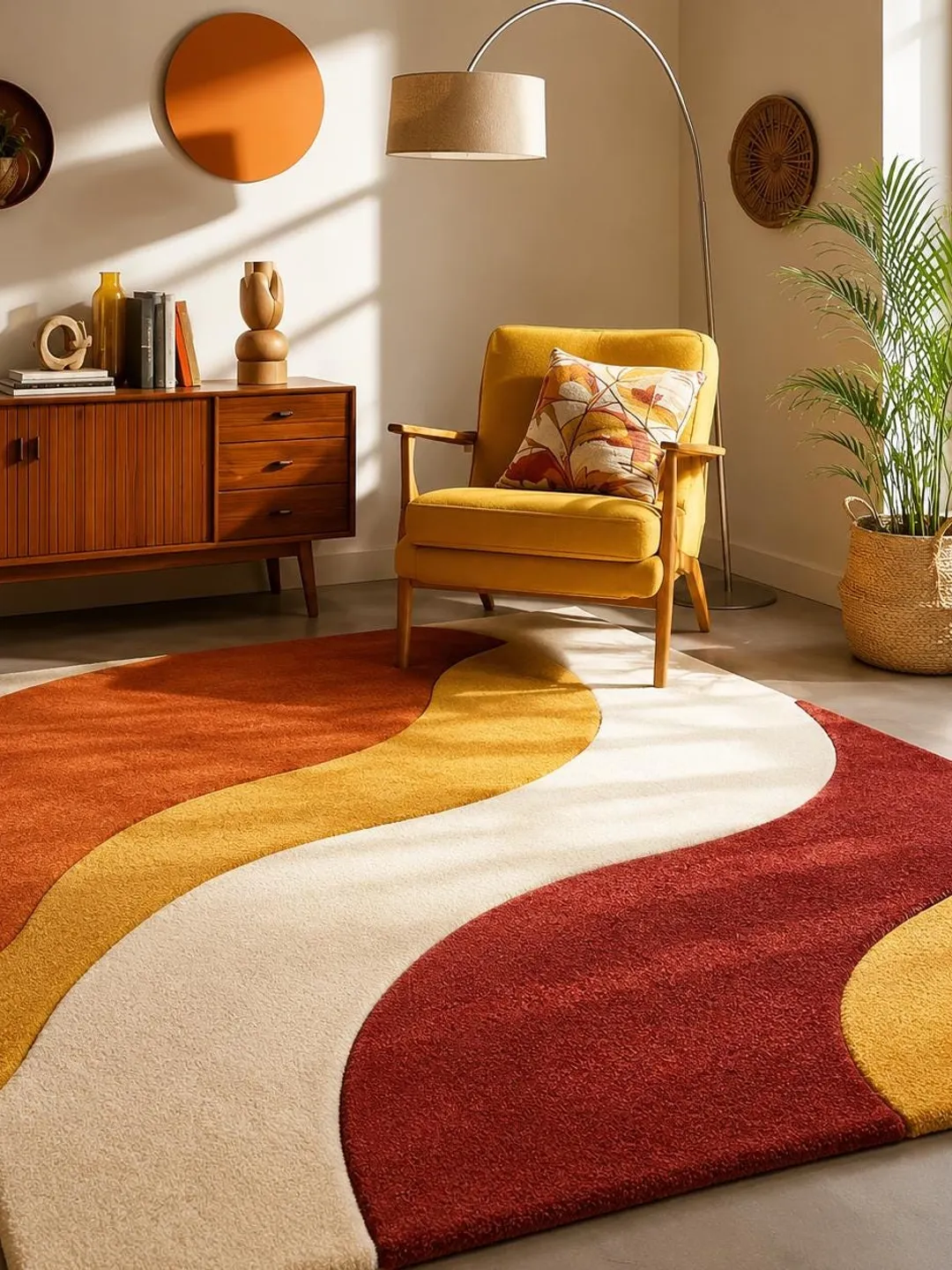 Handmade Abstract Wool Rug: Wavy Boho Living Room Carpet