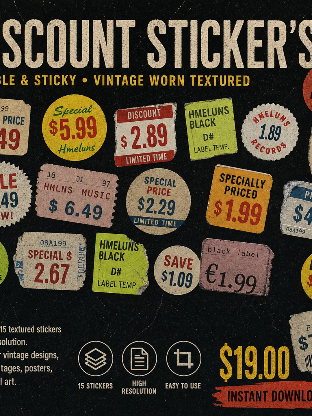 Double & Sticky Vintage Worn Texture Discount Sticker Pack | Retro ...
