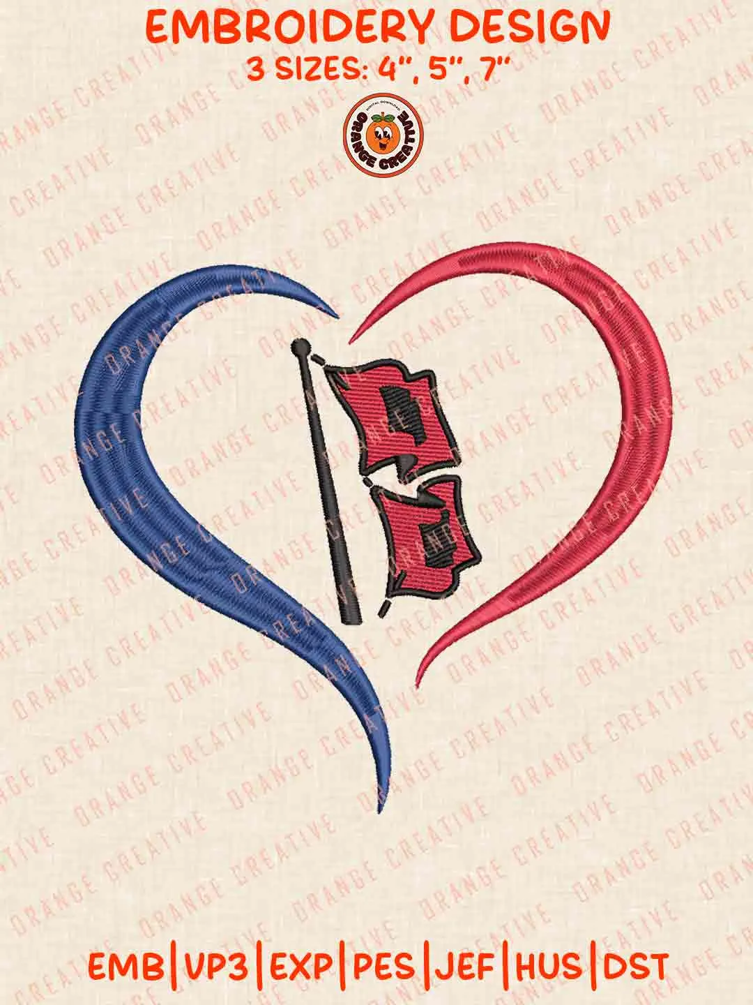 Tulsa Golden Hurricane Heart Logo Embroidery Design, NCAA Tulsa Golden Hurricane Team Machine Embroidery Digitized Pes File, 4 Sizes, Custom Size, Instant Download