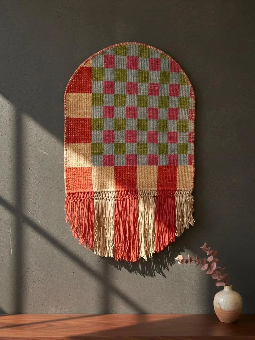 Handmade Wool Rug Wall Hanging, Boho Fiber Art Decor (25x38 inches)