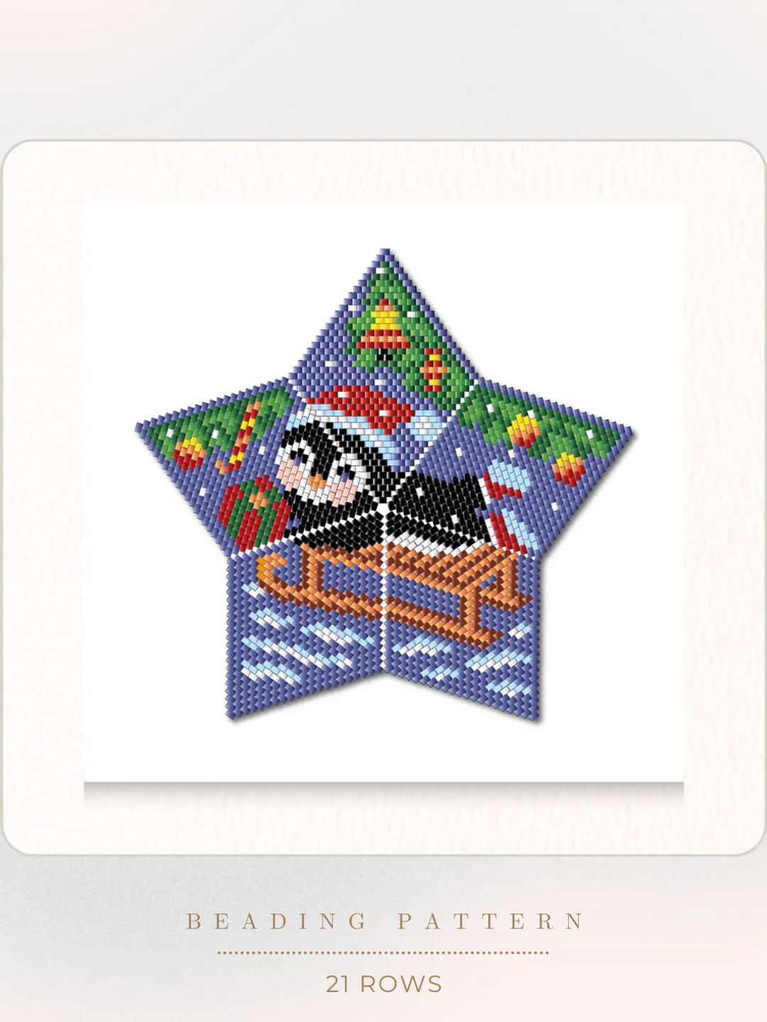 Sledding Penguin, 3D Peyote Star Beading PDF Pattern, Beadwork Christmas Ornament, Winter Landscape