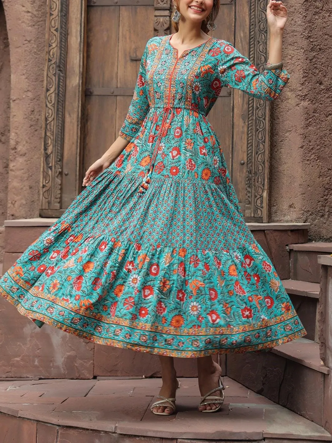 block print designs dress Patchwork Flared Dress, Printed Colourful Women Dress, Patchwork, Made In India, Hand Block Print Dress,Patch Design Bagru Block Print Dress