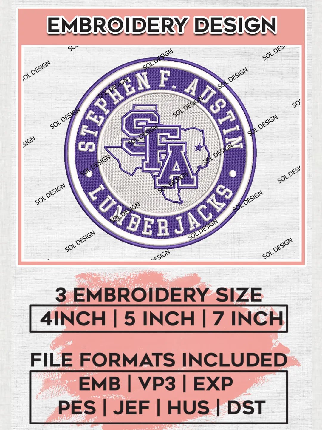 NCAA Stephen F. Austin Lumberjacks Round Logo Embroidery, NCAA Stephen F. Austin Lumberjacks Logo Embroidery files, NCAA Teams, Machine embroidery designs, Digital Download