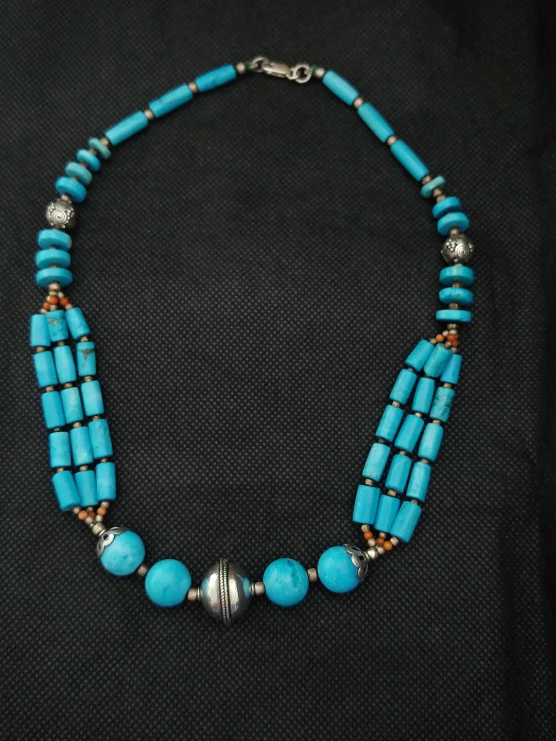 Faux Turquoise Beads Necklace Sterling Silver Beauty Choker Jewelry Vintage Tribal Ethnic Gift Women