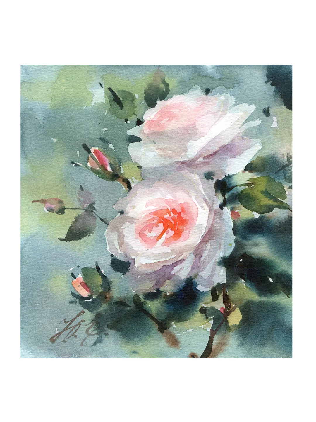 Watercolor flowers / Original painting / light roses on green