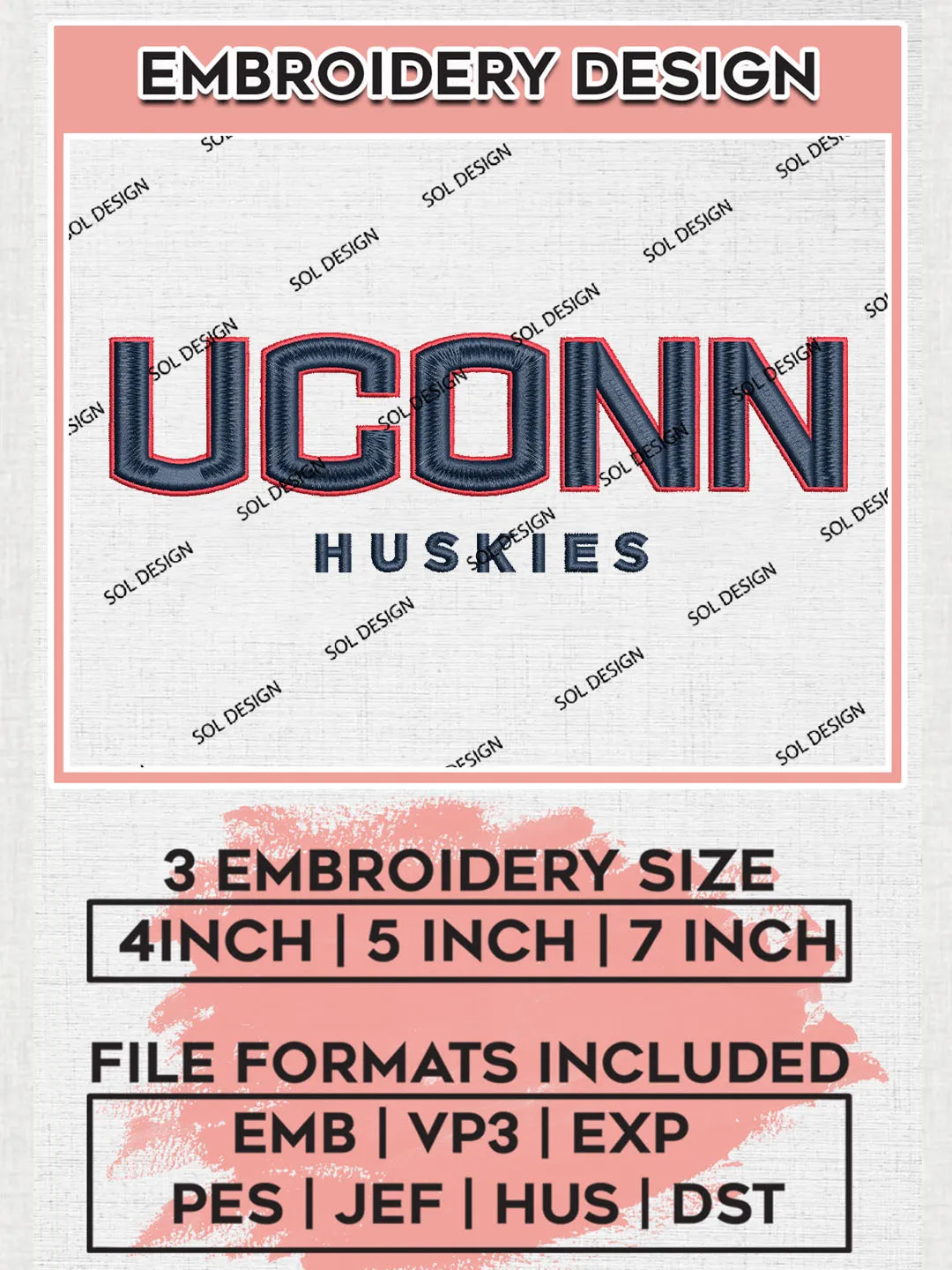 NCAA UConn Huskies College Team Word Logo Embroidery Design Files, NCAA UConn Huskies Machine Embroidery, NCAA Teams, 3 sizes, NCAA Machine embroidery designs, Digital Download