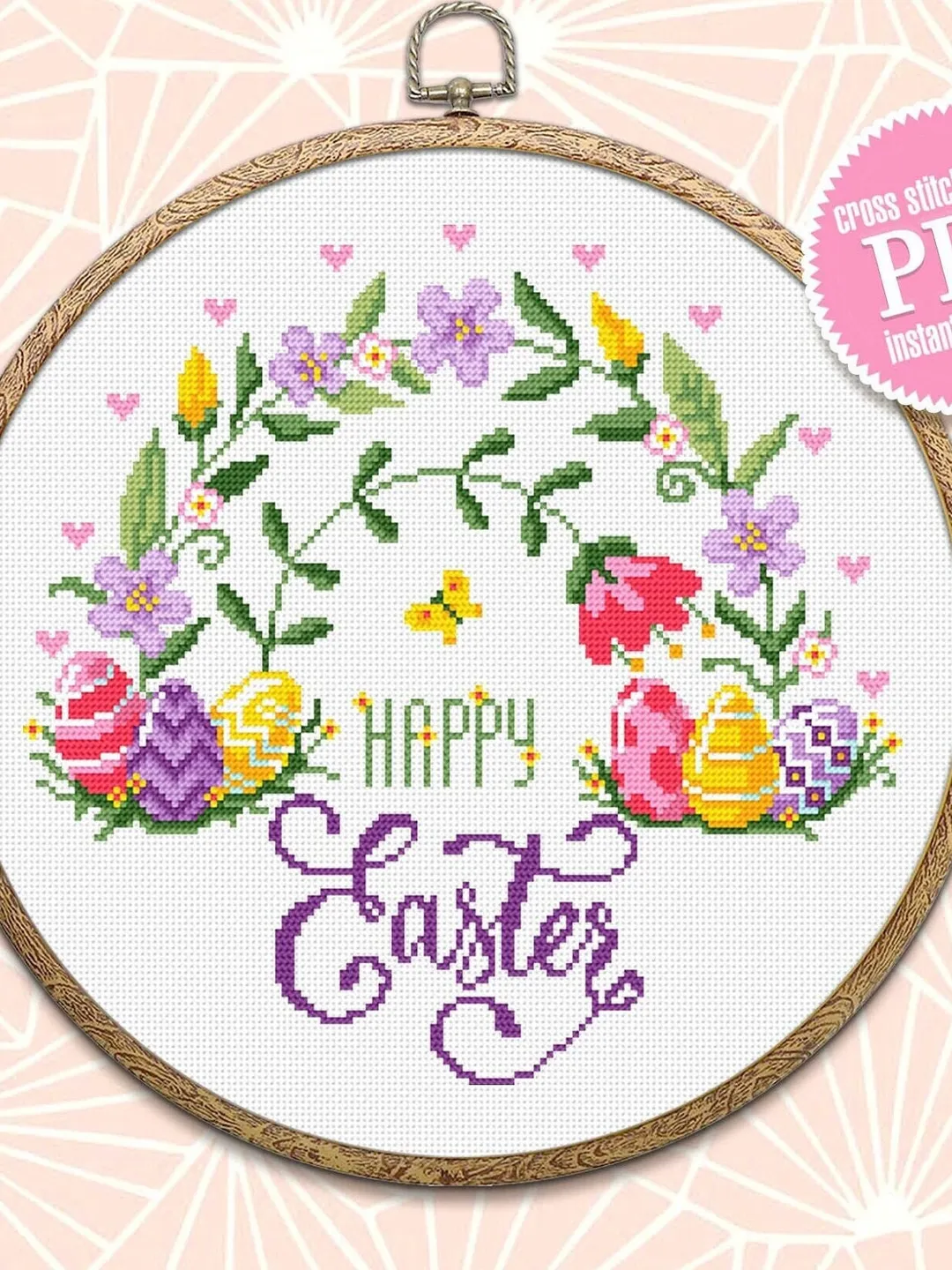 Happy Easter cross stitch pattern PDF Floral rainbow cross stitch chart ...