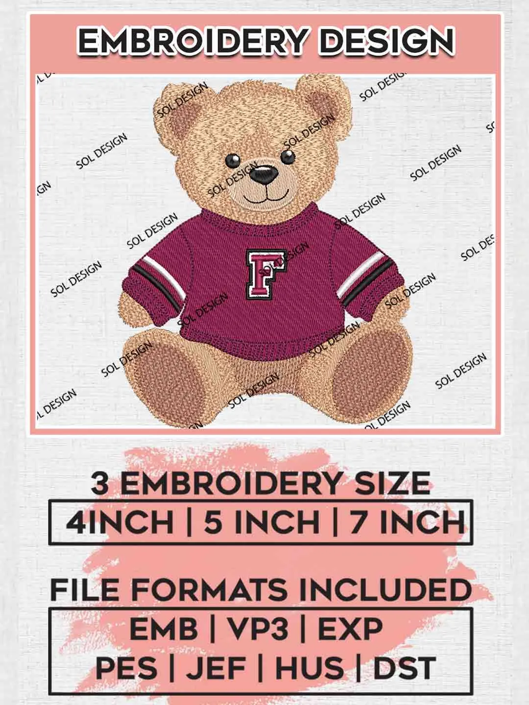 Fordham Teddy Bear Embroidery Designs, Football Embroidery files, Sport Machine embroidery designs, Instant Download