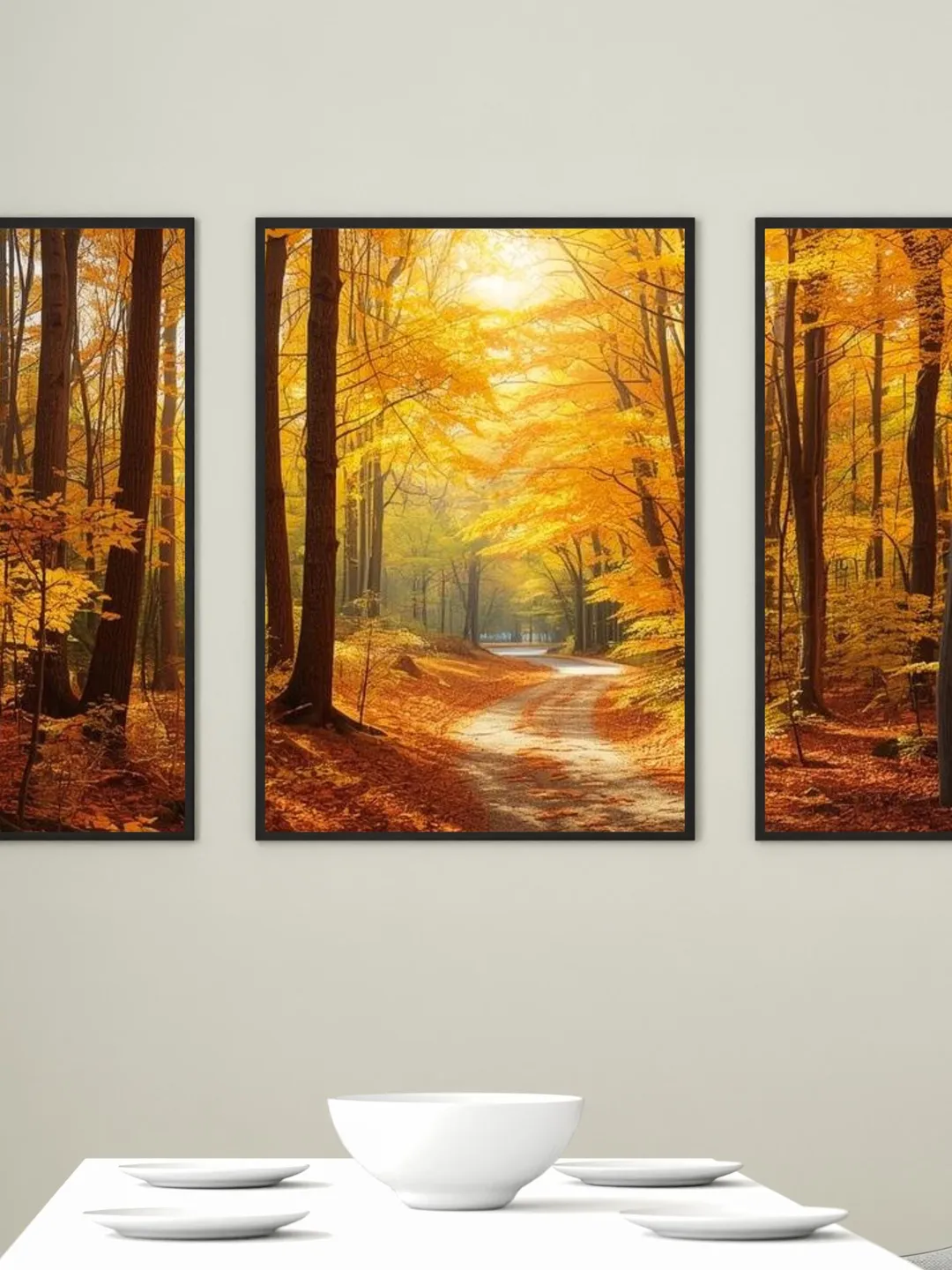 Warm Golden Autumn Forest Path – 3 Panel Wall Art Set for Living Room ...