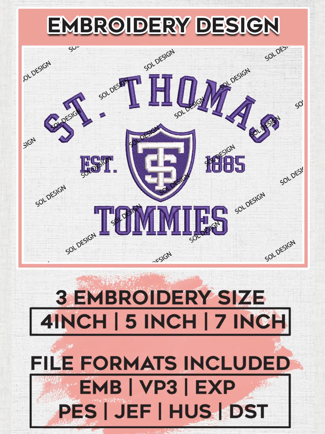 St. Thomas Minnesota Tommies Est 1885 Logo Embroidery Designs, NCAA St. Thomas-Minnesota Tommies Team Embroidery, NCAA Team Logo, 3 sizes, Machine embroidery Files, Digital Download