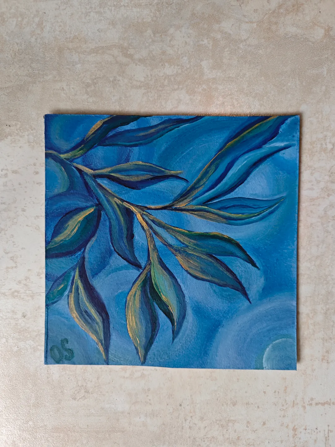 Floral Original Painting Floral Blue Abstract Original Art Blue Leaves Modern Artwork Abstract Blue Floral Oil Painting 8 x 8 inches by OlgaSokolovaArt