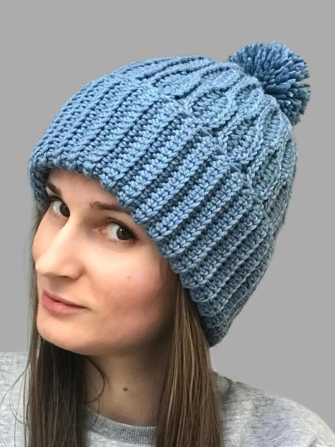 Crochet Soft Merino Wool Beanie with Cable, Braided Texture and Pom Pom - Handmade Warm Unisex Hat with Adjustable Brim - Quality Gift