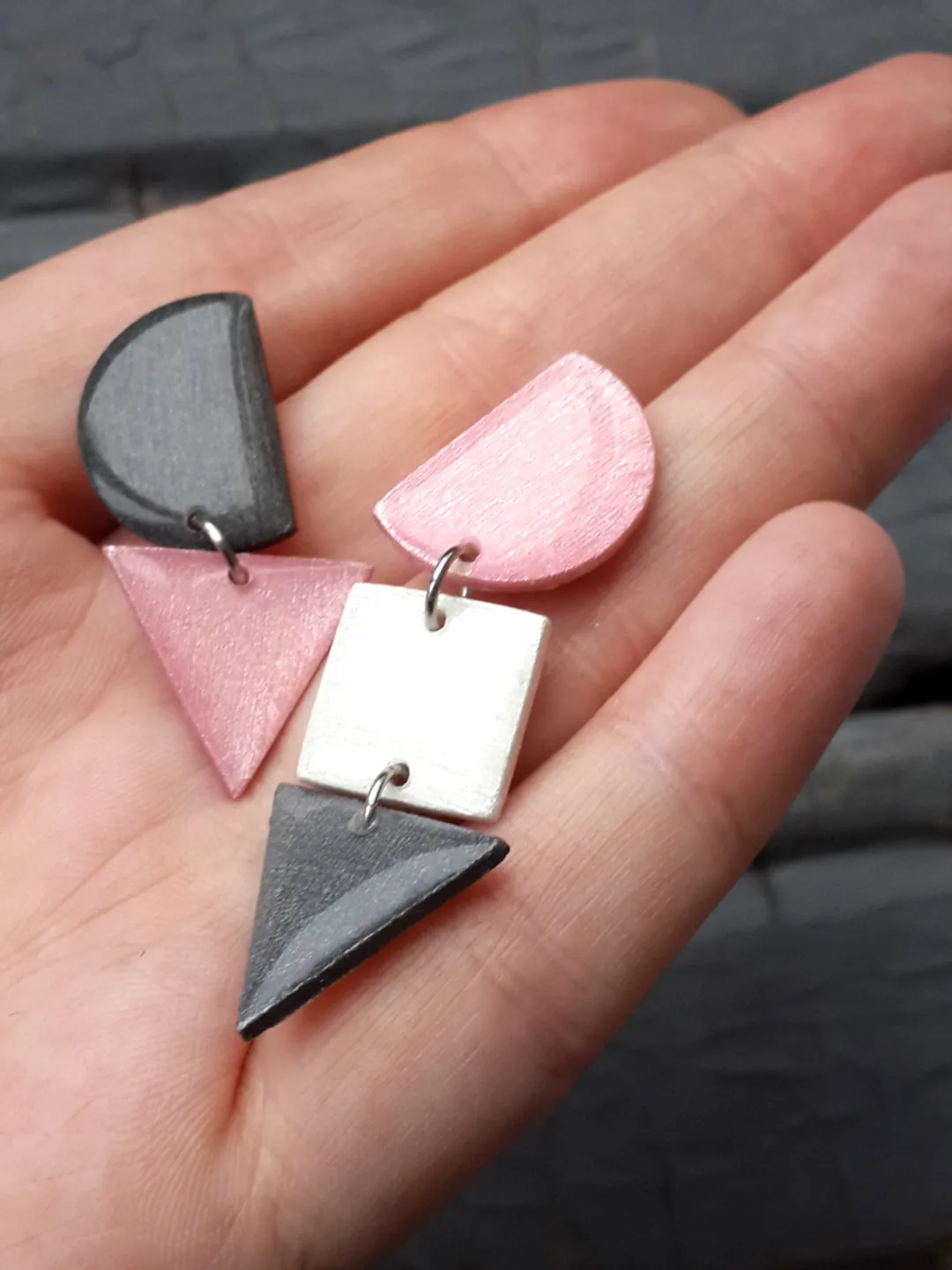 Pink and Gray Dangle Wooden Earrings, Geometric Resin Studs